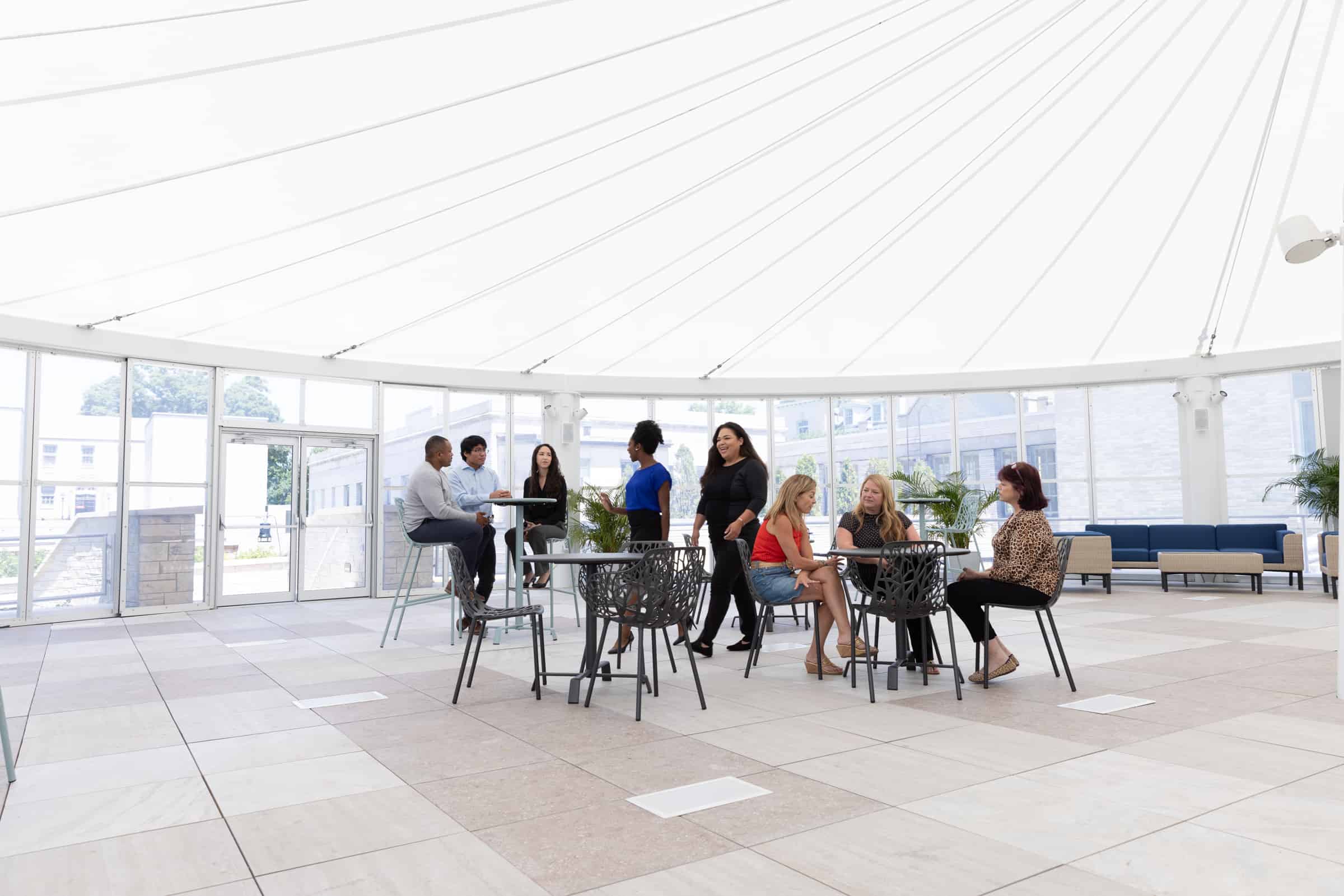 A group in a modern space with large windows, white tent-like ceiling, plants, and blue couches; some seated, others standing.